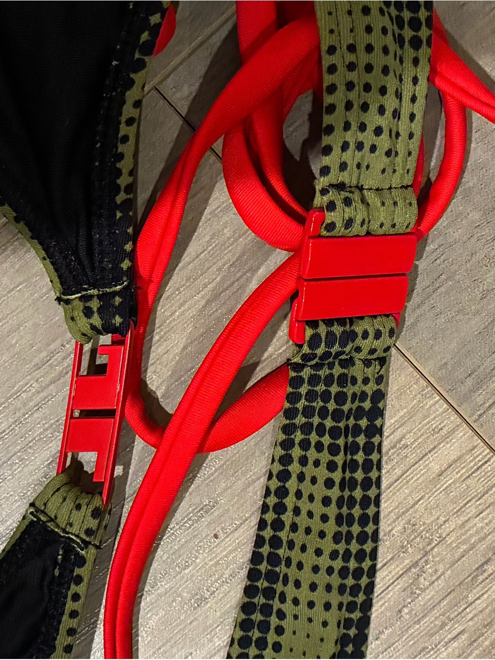 Jaded London Astro Green Camo Dot Bikini with Red Straps - Picture 2 of 6